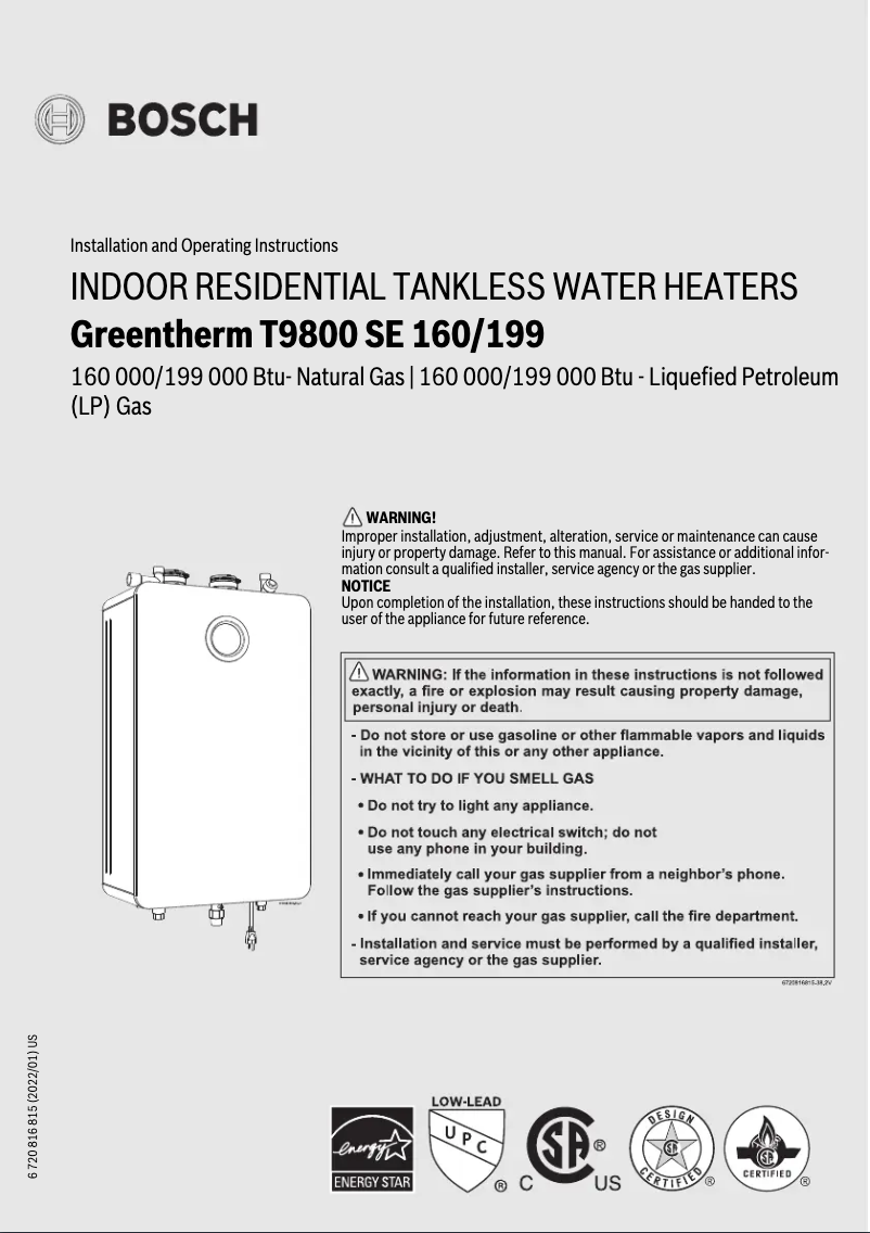 Página 1 del manual Guía de instalación Bosch Greentherm T9800 SE 160/199