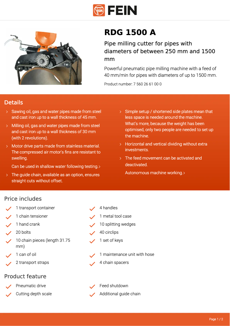 Página 1 del manual Ficha técnica Fein RDG 1500 A