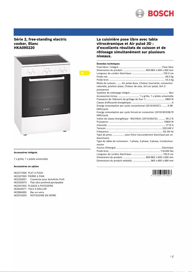 Página 1 del manual Ficha técnica Bosch HKA090220