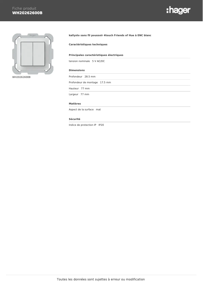 Página 1 del manual Ficha técnica Hager WH20262600B