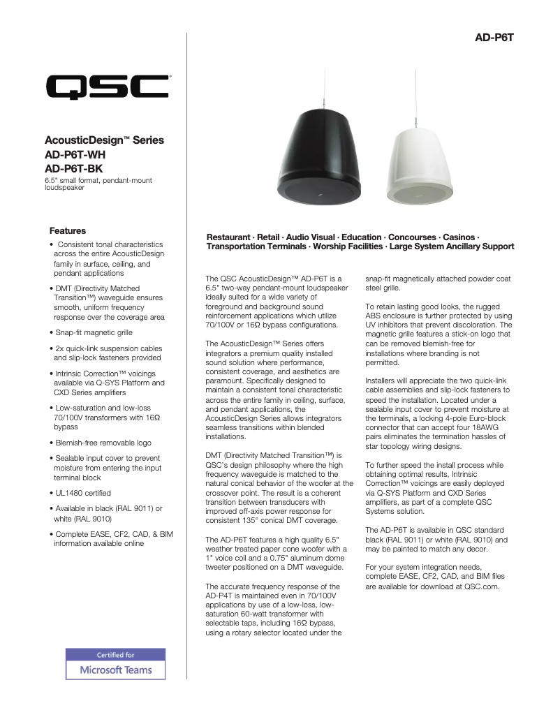 Página 1 del manual Ficha técnica QSC AD-P6T