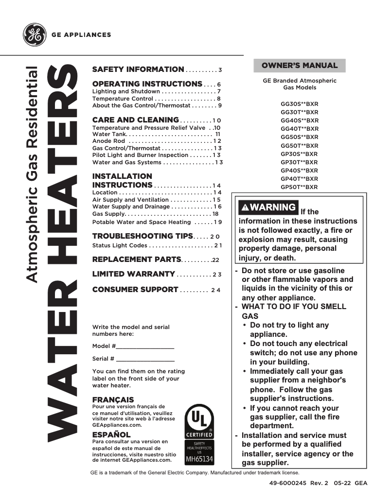 Imagen de la primera página del manual del dispositivo GG40T10BXR