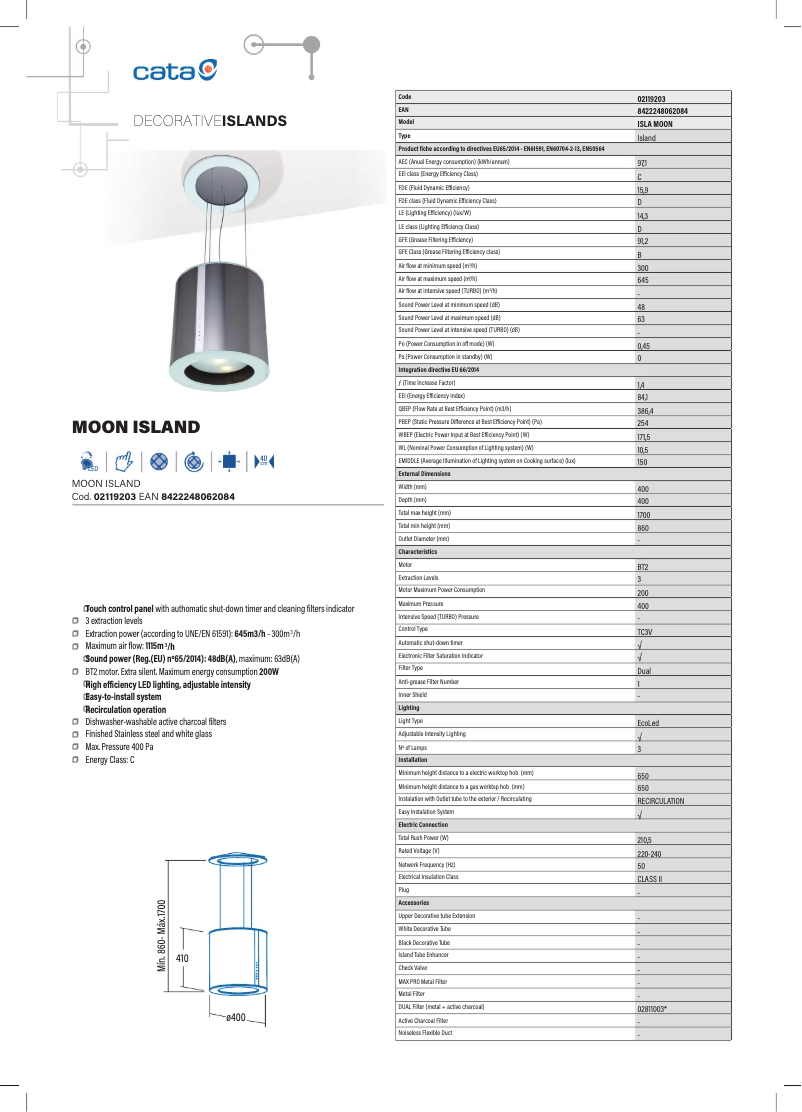 Página 1 del manual Ficha técnica CATA Moon Island