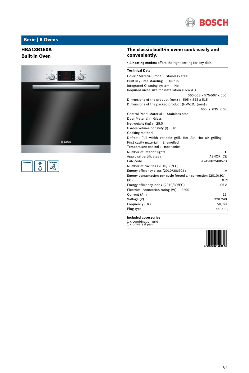 Página nº 1 - Ficha técnica Bosch HBA13B150A