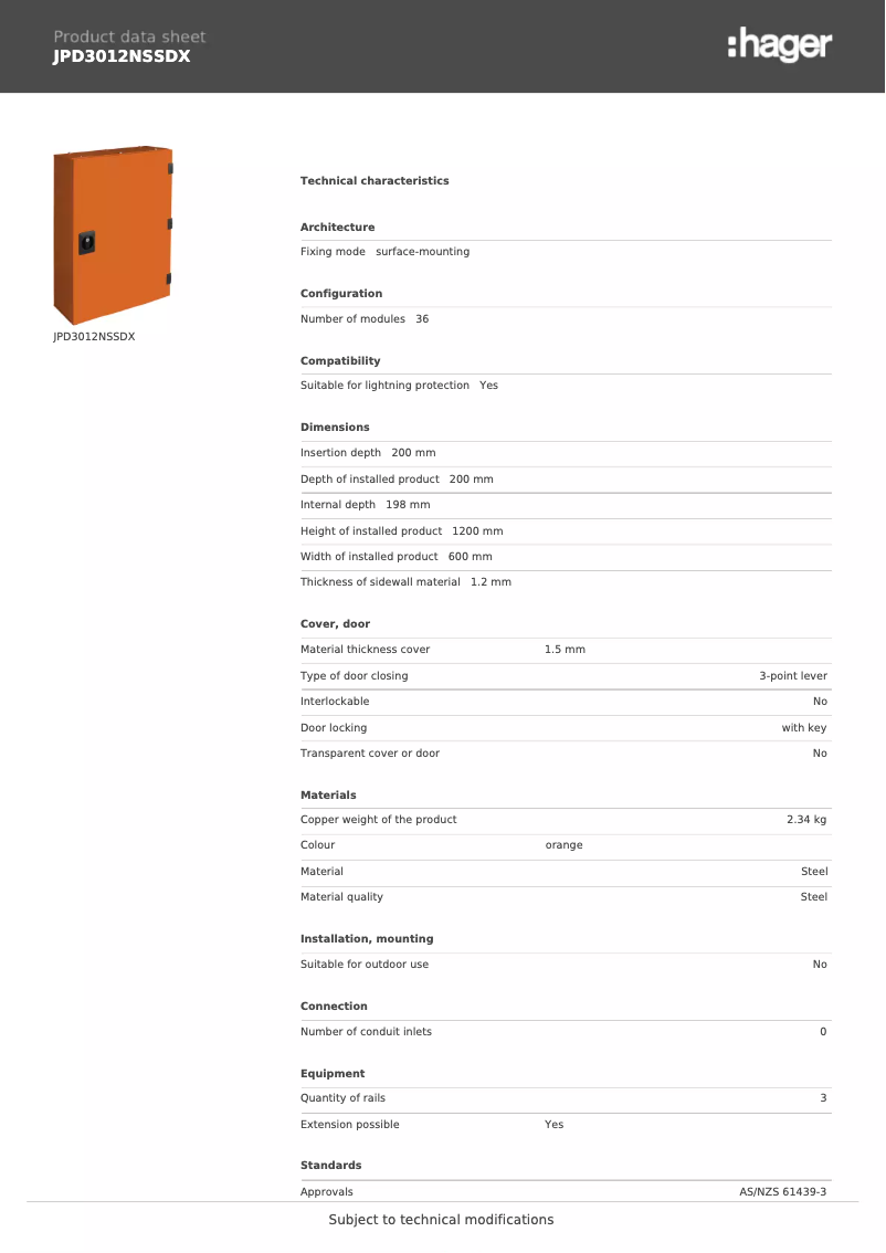 Página 1 del manual Ficha técnica Hager JPD3012NSSDX