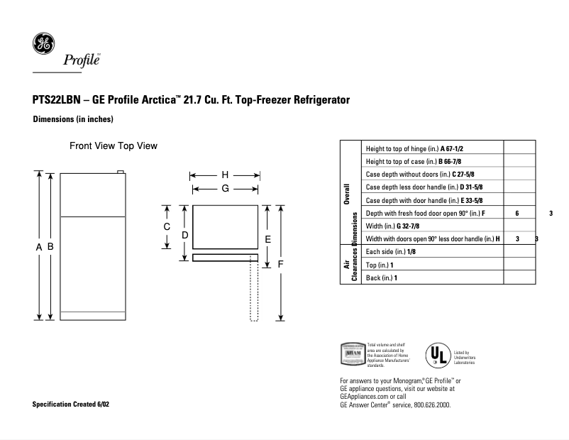 Página 1 del manual Ficha técnica GE PTS22LBNBB