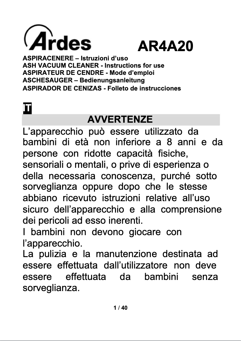 Imagen de la primera página del manual del dispositivo AR4A20