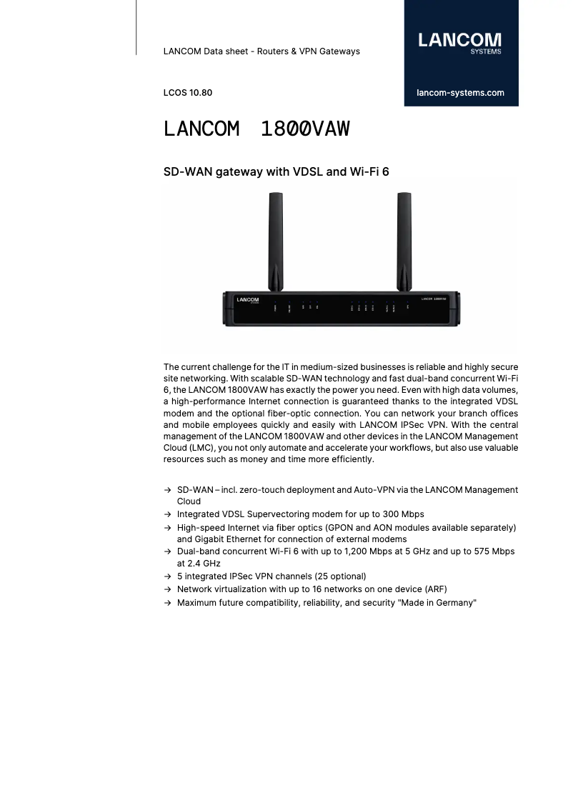 Página 1 del manual Ficha técnica Lancom 1800VAW