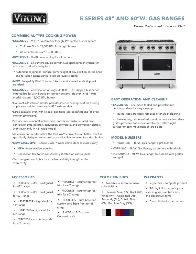 Página 1 del manual Ficha técnica Viking VGR5488BWHLP