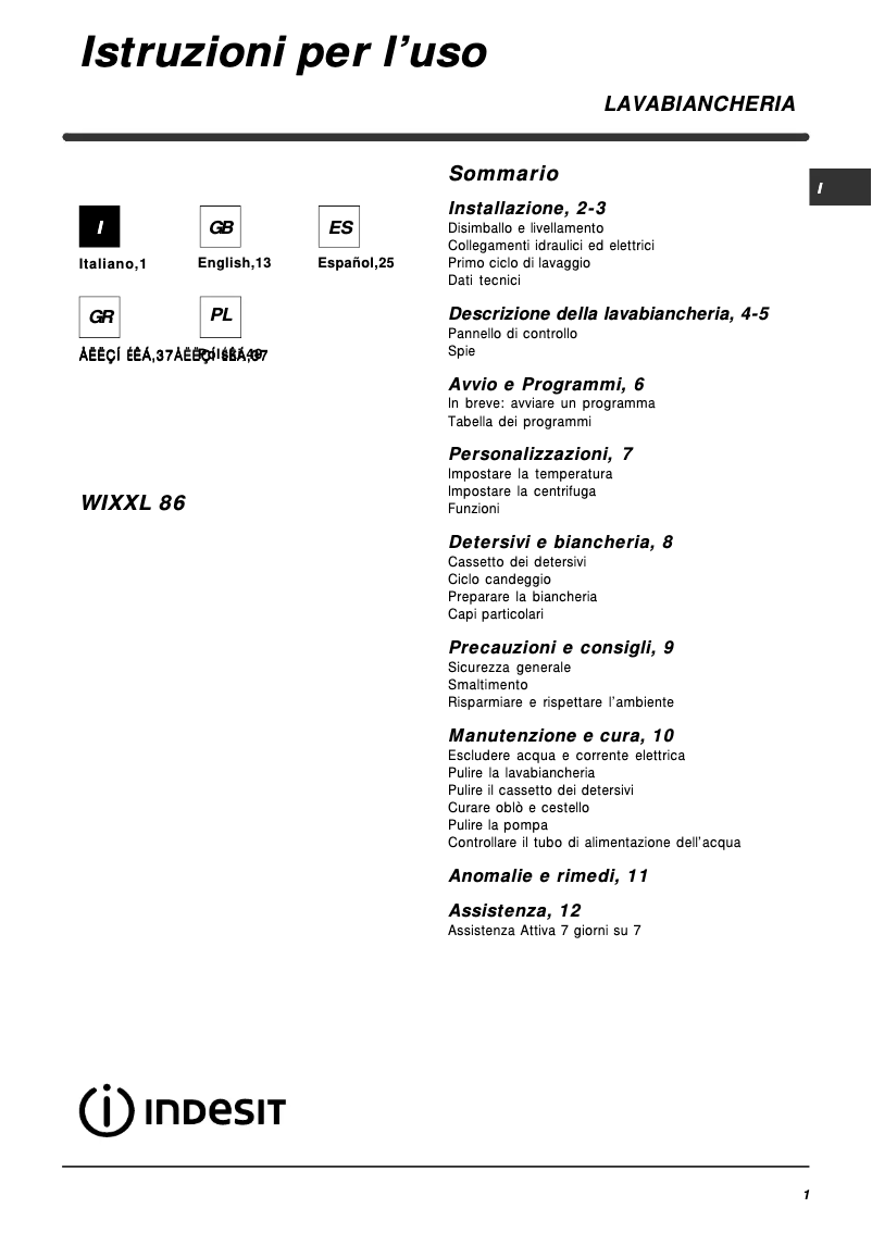 Página 1 del manual Manual de usuario Indesit WIXXL 86 (EU).1