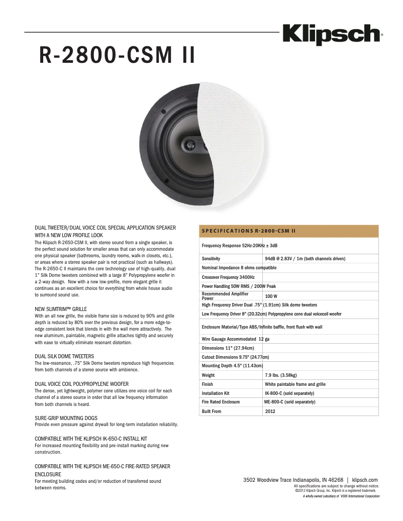 Página 1 del manual Ficha técnica Klipsch Reference R-2800-CSM II