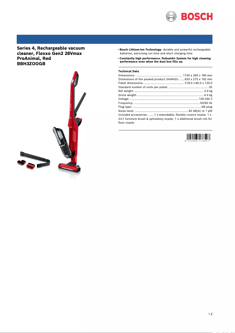 Página 1 del manual Ficha técnica Bosch Flexxo Serie 4 BBH3ZOOGB