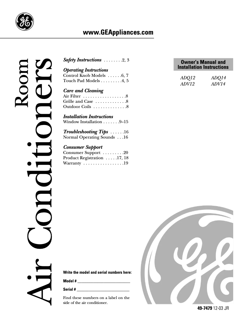Página 1 del manual Guía de instalación GE ADQ12AA