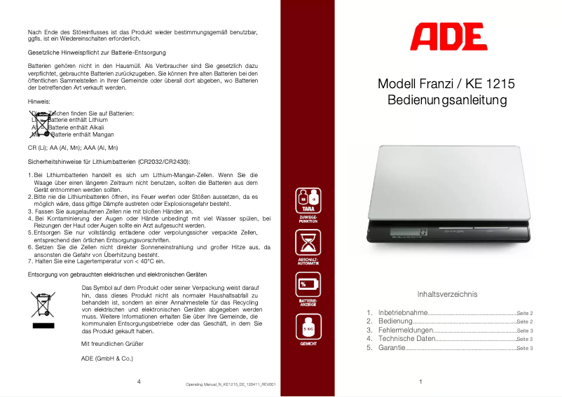 Imagen de la primera página del manual del dispositivo Franzi KE 1215