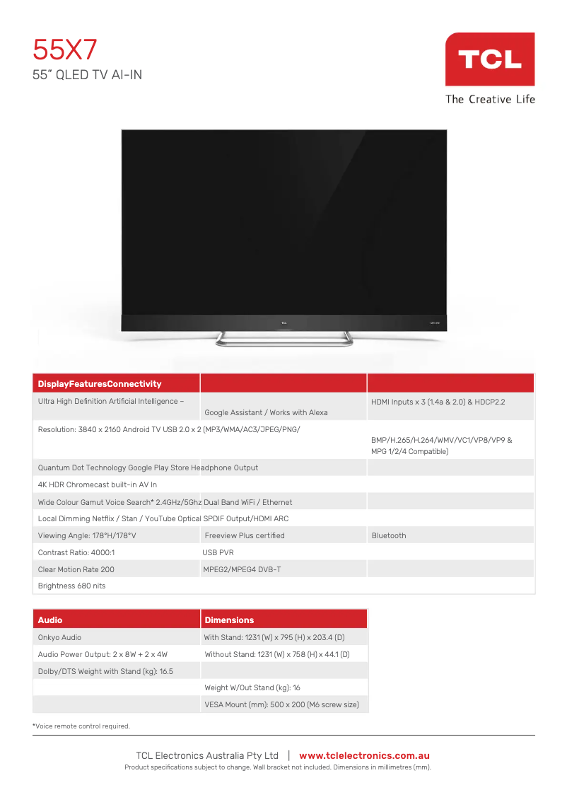 Página 1 del manual Ficha técnica TCL 55X7