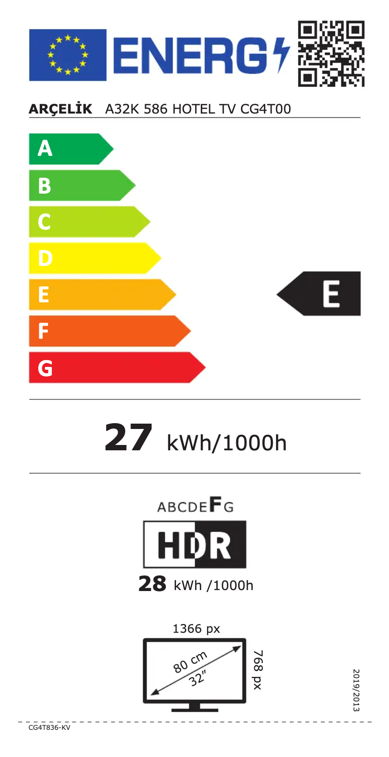 Página 1 del manual Etiqueta energética Arçelik A32K 586 HOTEL TV