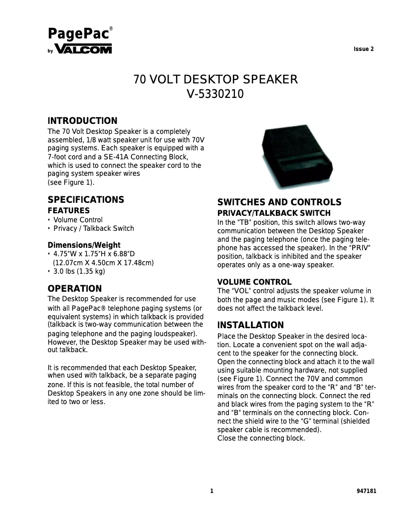 Imagen de la primera página del manual del dispositivo V-5330210