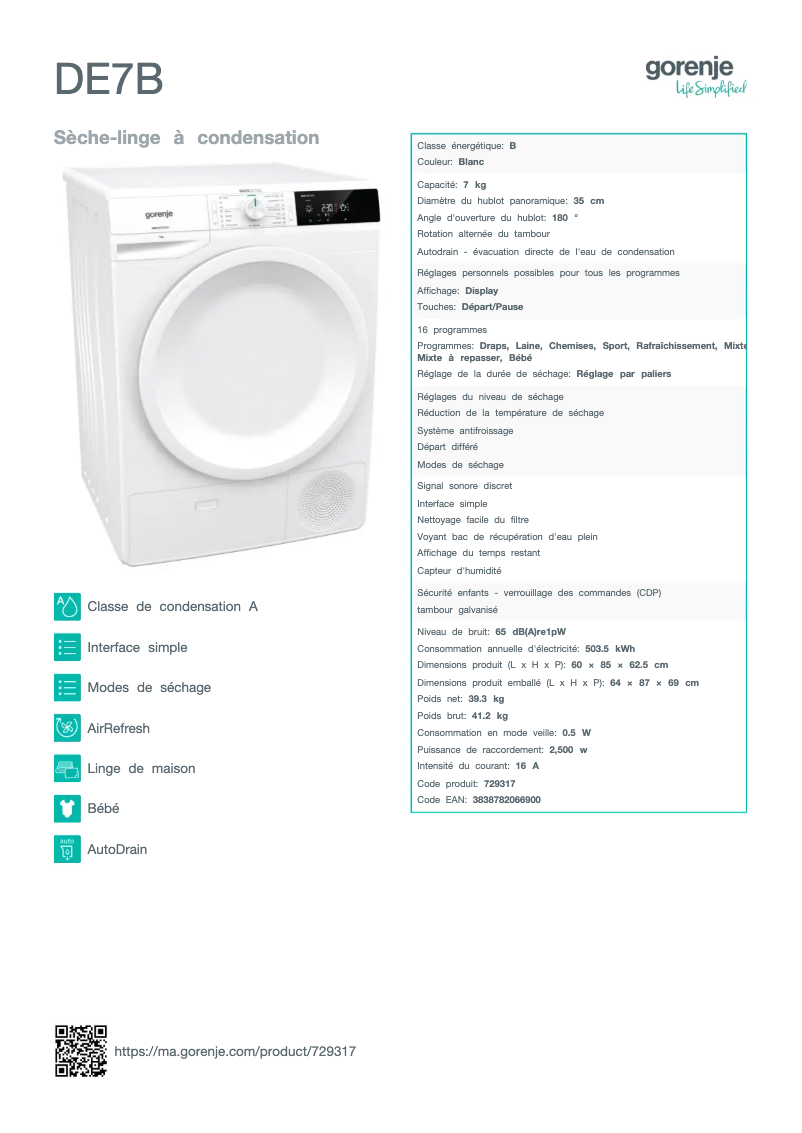 Página 1 del manual Ficha técnica Gorenje DE7B