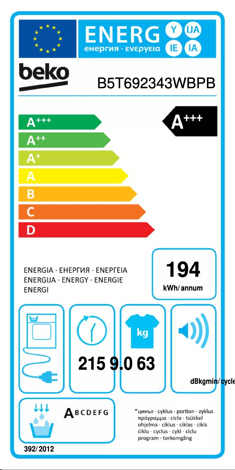 Página 1 del manual Etiqueta energética Beko B5T692343WBPB