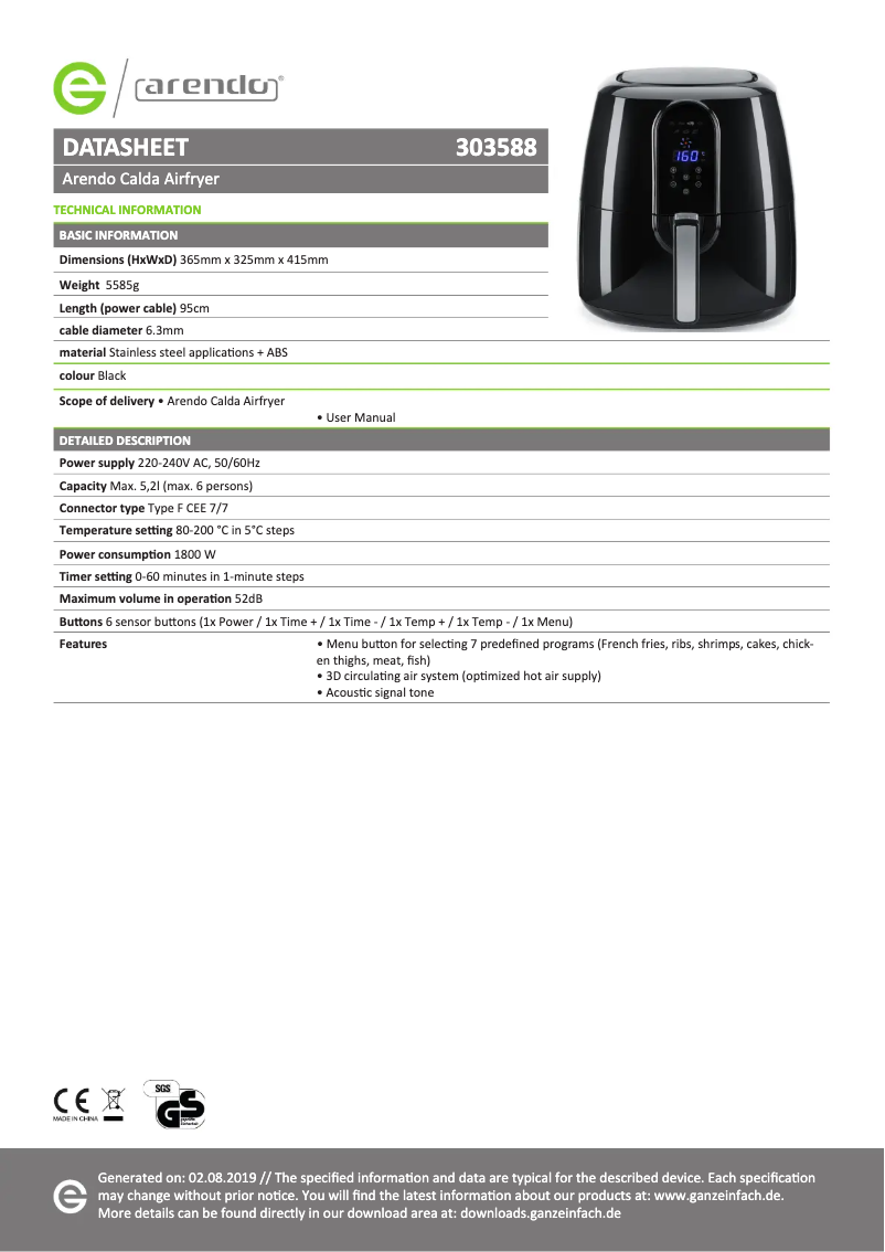 Página 1 del manual Ficha técnica Arendo 303588