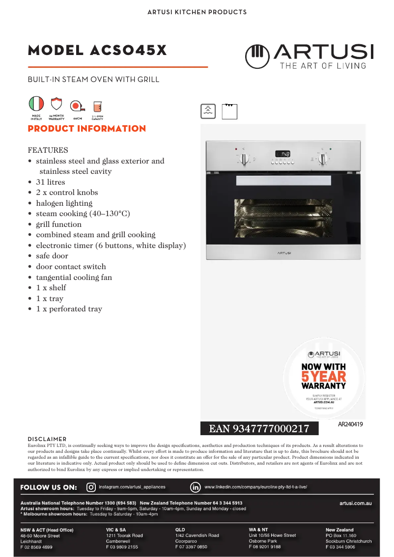 Página 1 del manual Ficha técnica Artusi ACSO45X