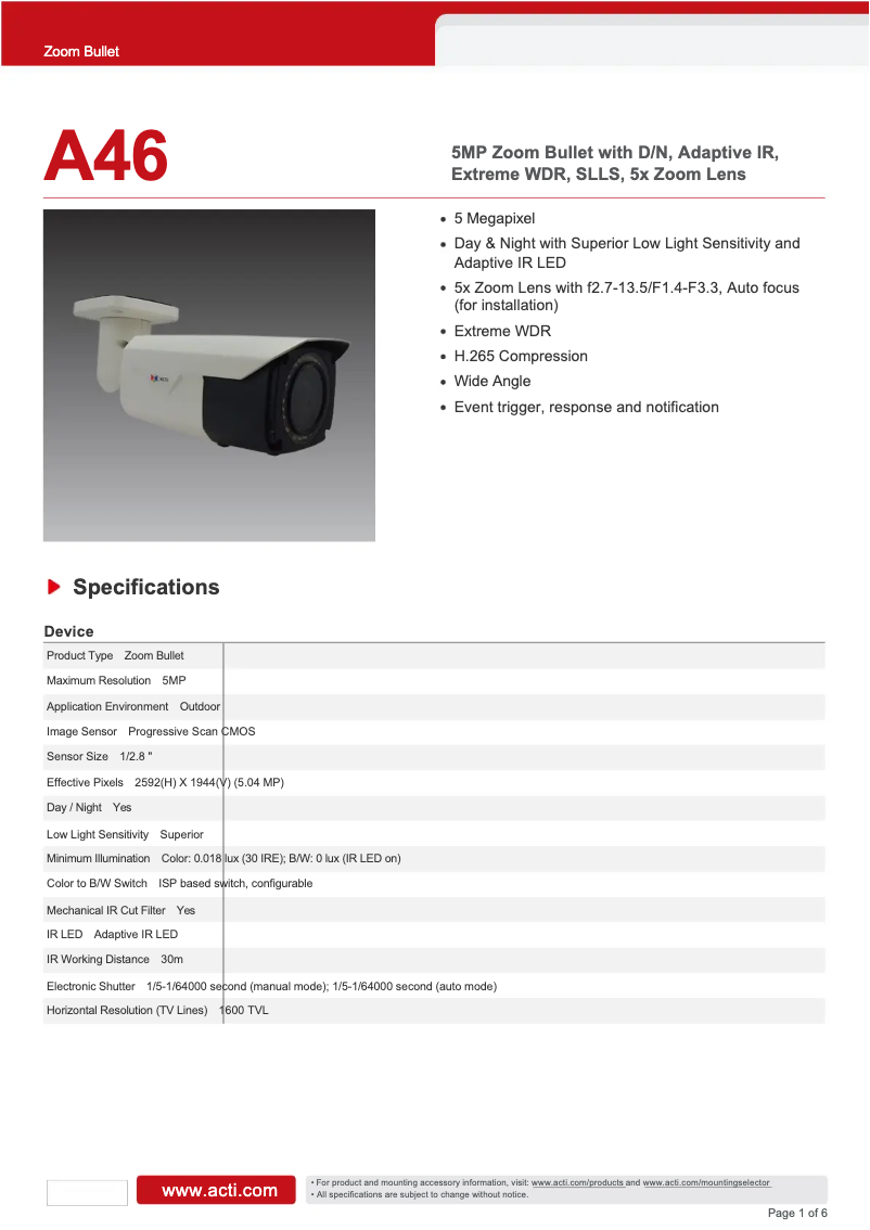 Página 1 del manual Ficha técnica ACTi A46