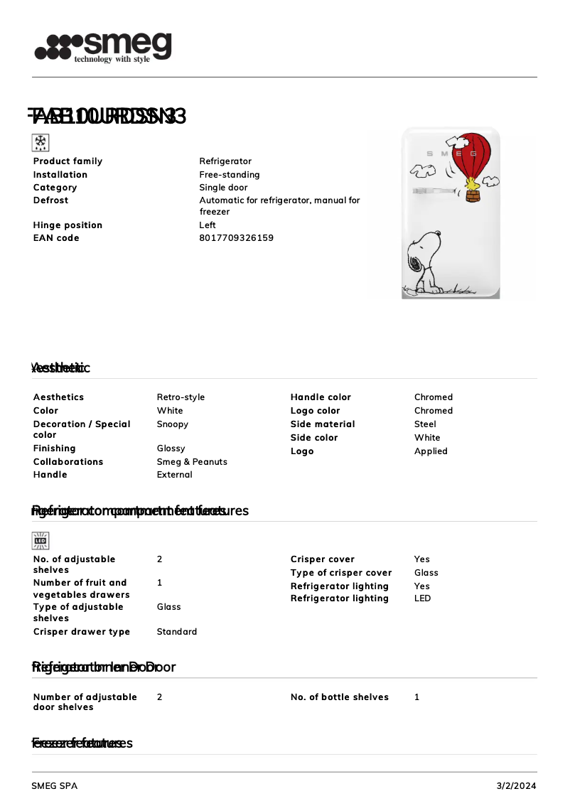 Página 1 del manual Ficha técnica Smeg FAB10URDSN3