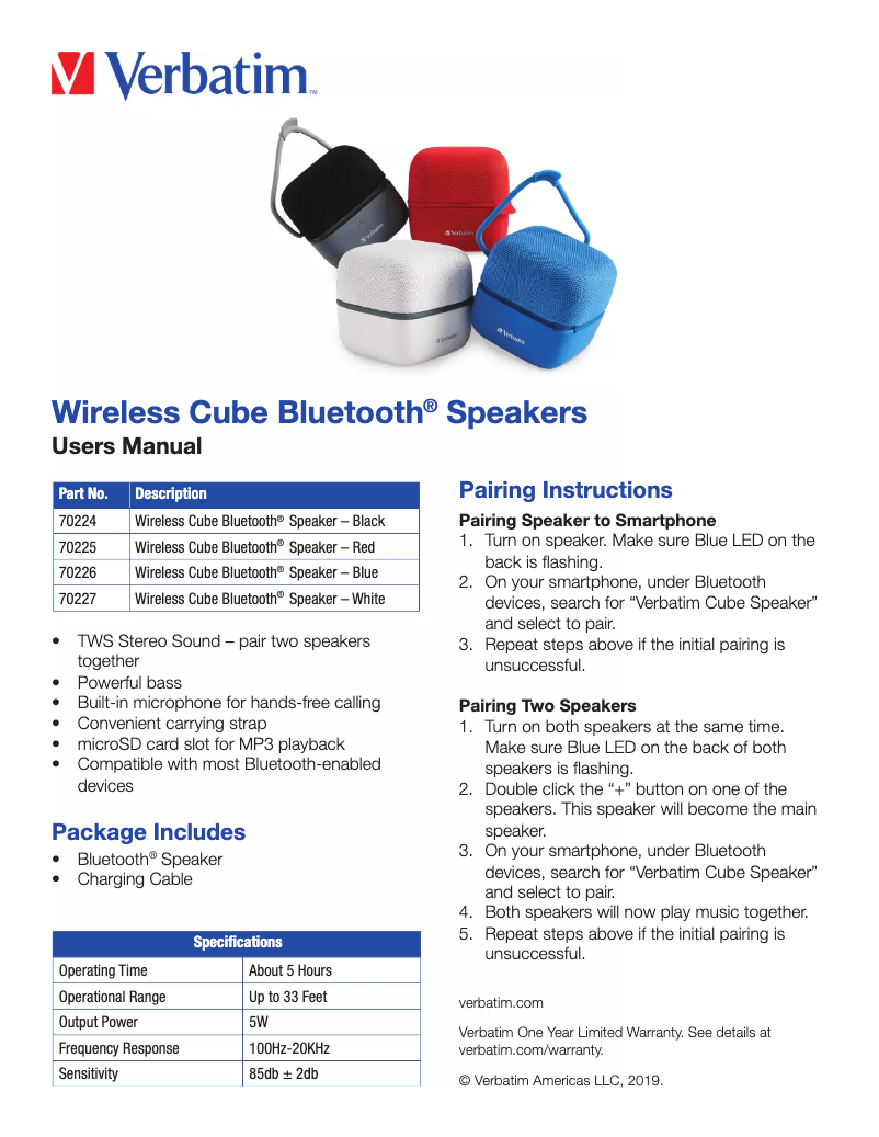 Página 1 del manual Manual de usuario Verbatim Wireless Cube Bluetooth 70224