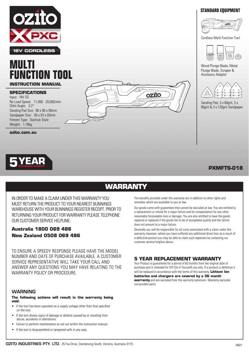 Página 1 del manual Manual de usuario Ozito PXMFTS-018