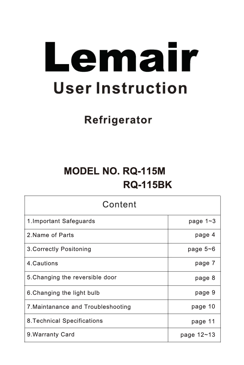 Página nº 1 - Manual de usuario Lemair RQ-115BK