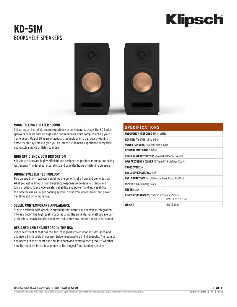 Página 1 del manual Ficha técnica Klipsch KD-51M