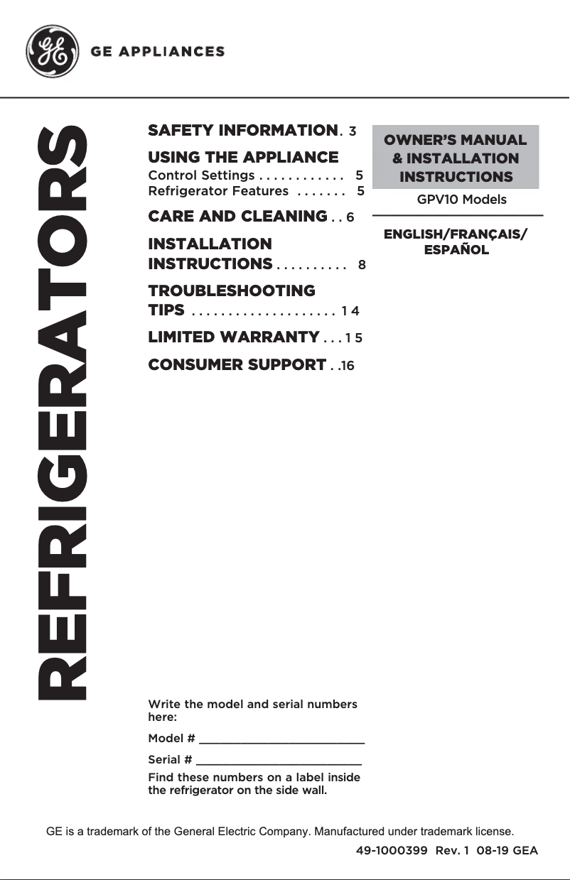Imagen de la primera página del manual del dispositivo GPV10FGNBB