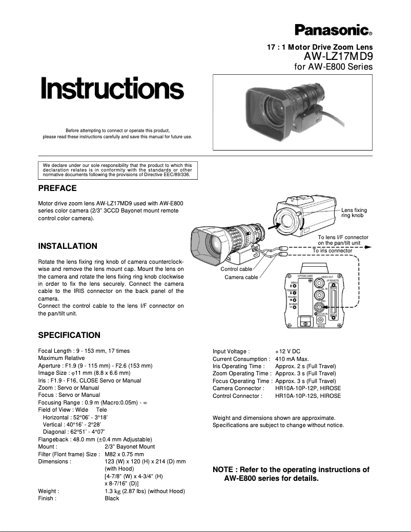 Página 1 del manual Manual de usuario Panasonic AW-LZ17MD9