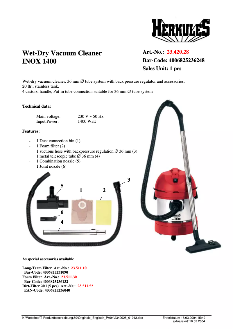 Imagen de la primera página del manual del dispositivo INOX 1400