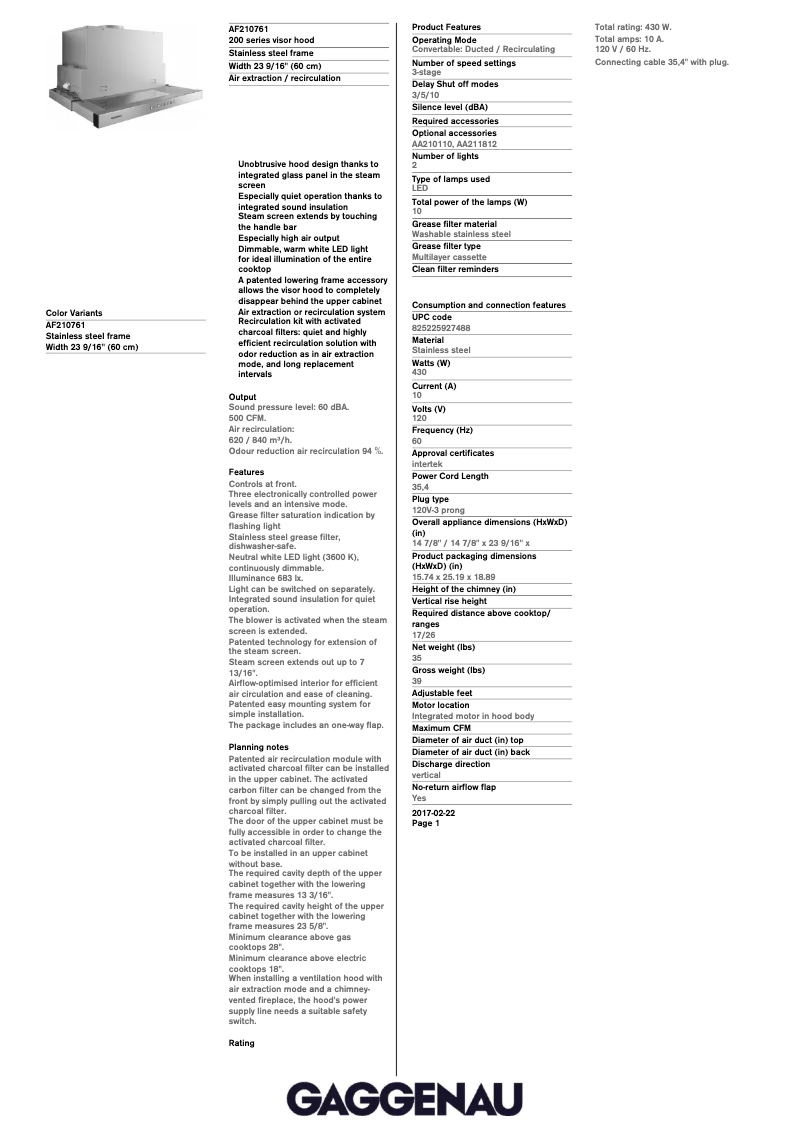 Página 1 del manual Ficha técnica Gaggenau AF210761