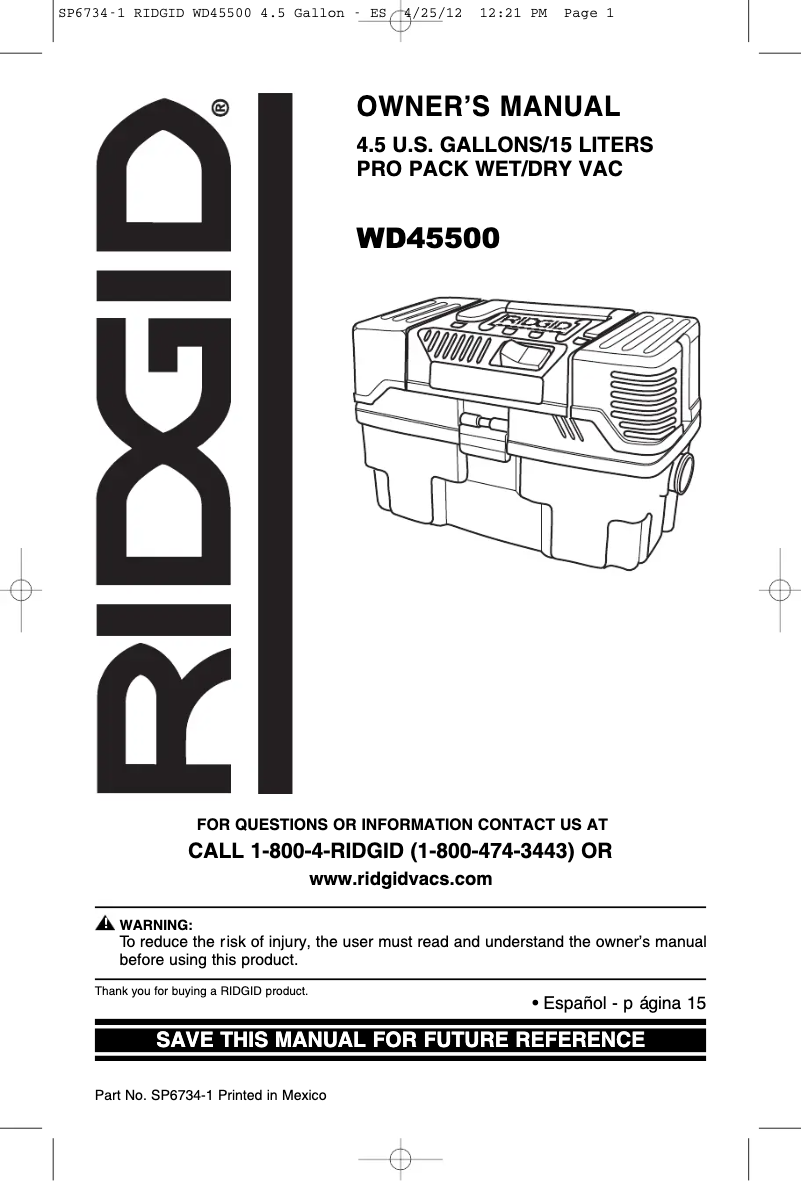 Página nº 1 - Manual de usuario Ridgid ProPack VT1702