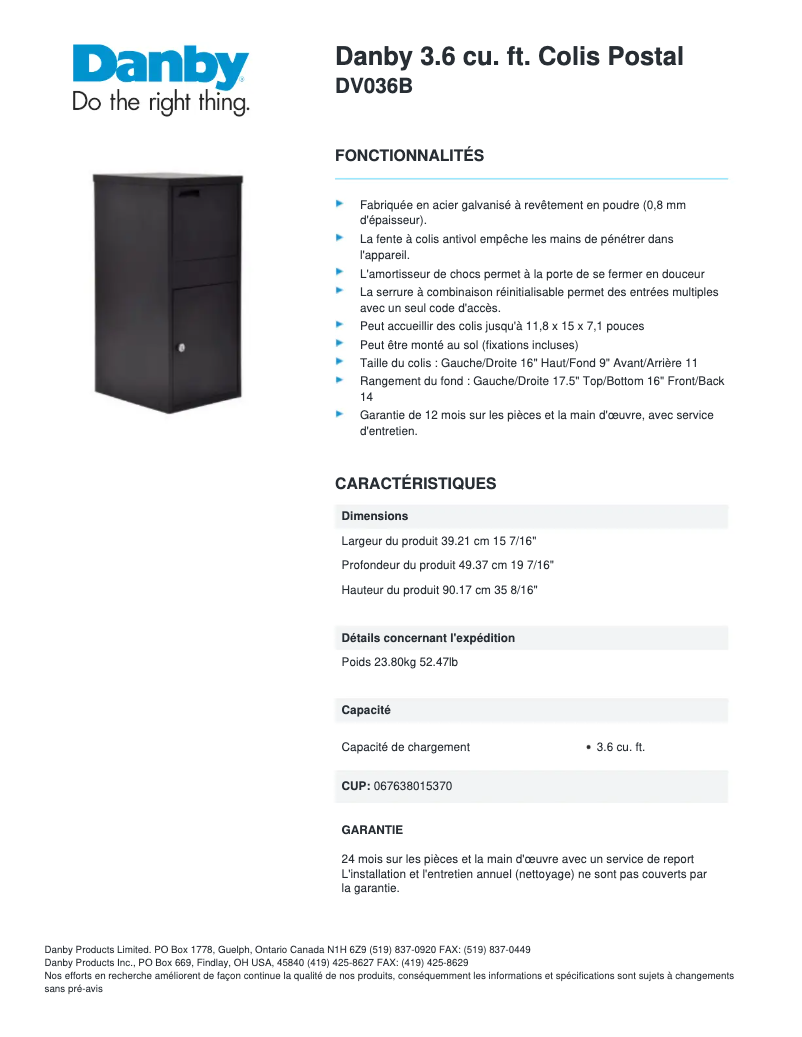 Página 1 del manual Ficha técnica Danby DV036B