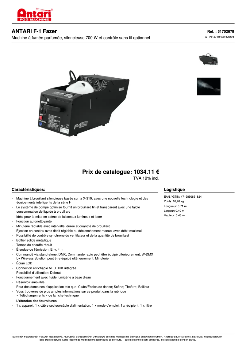 Página 1 del manual Ficha técnica Antari F-1 Fazer