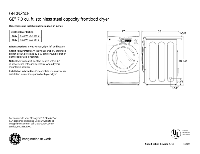 Página 1 del manual Ficha técnica GE GFDN240ELWW
