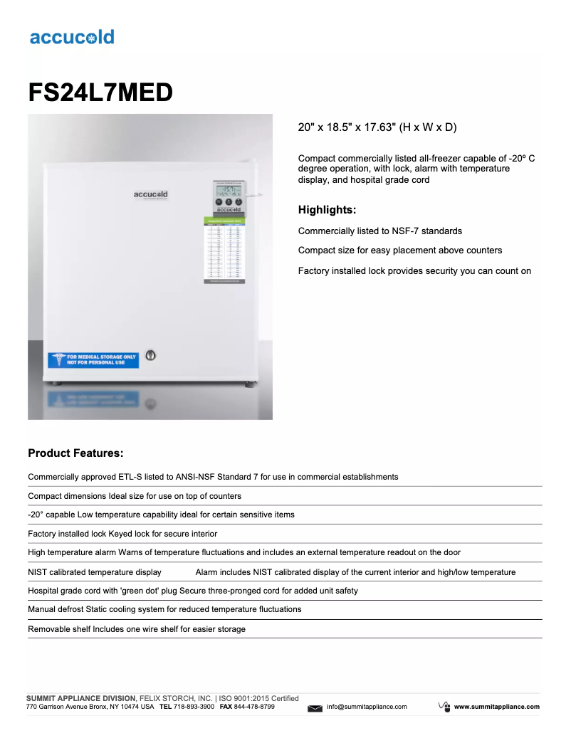 Página 1 del manual Ficha técnica Summit Accucold FS24L7MED