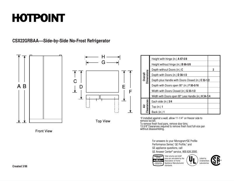Página 1 del manual Ficha técnica Hotpoint CSX22GRBAA