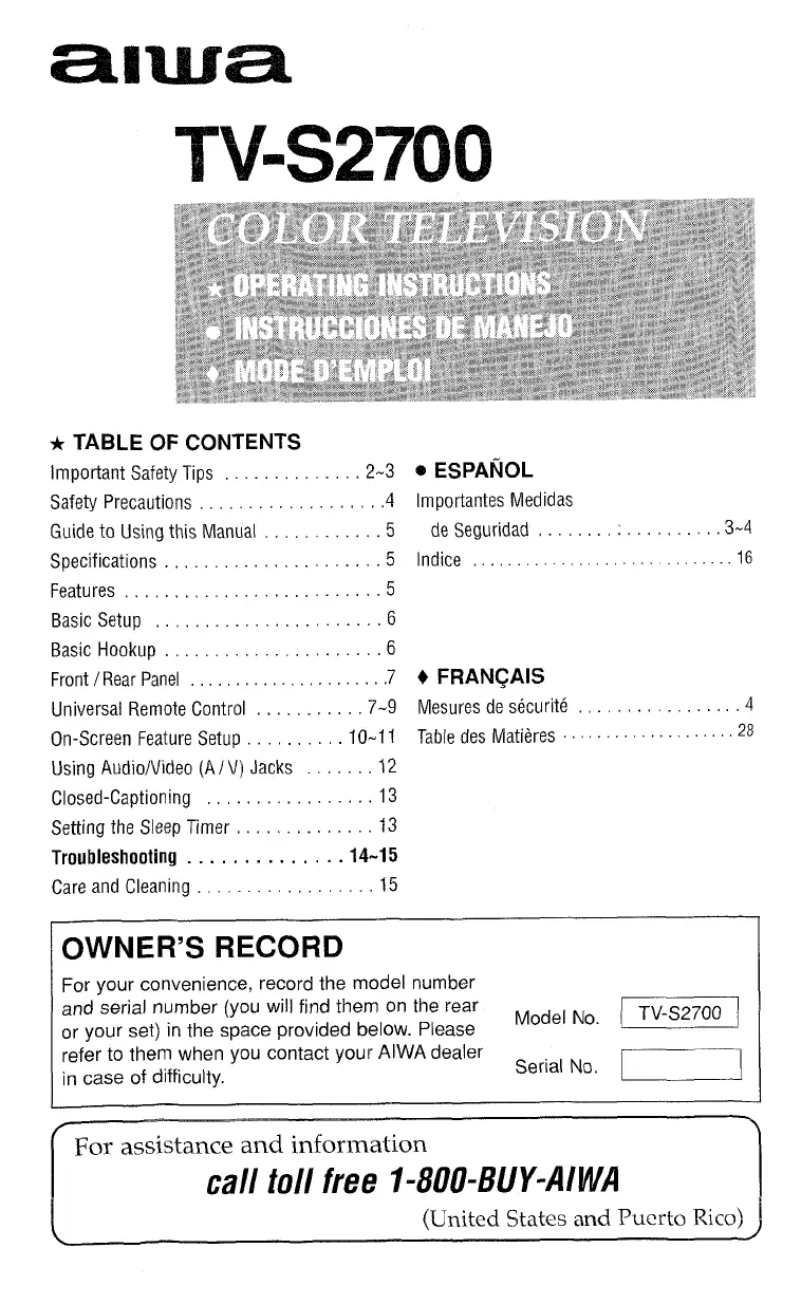 Página 1 del manual Manual de usuario Aiwa TV-S2700
