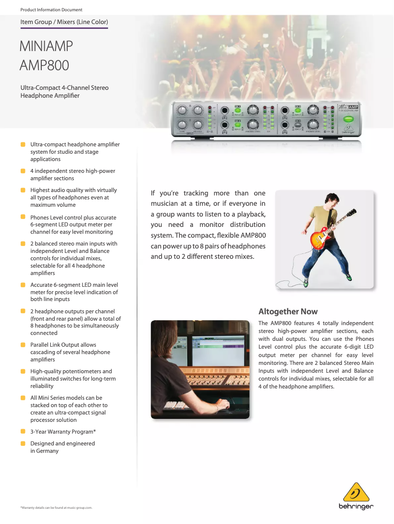 Página 1 del manual Ficha técnica Behringer MINIAMP AMP800
