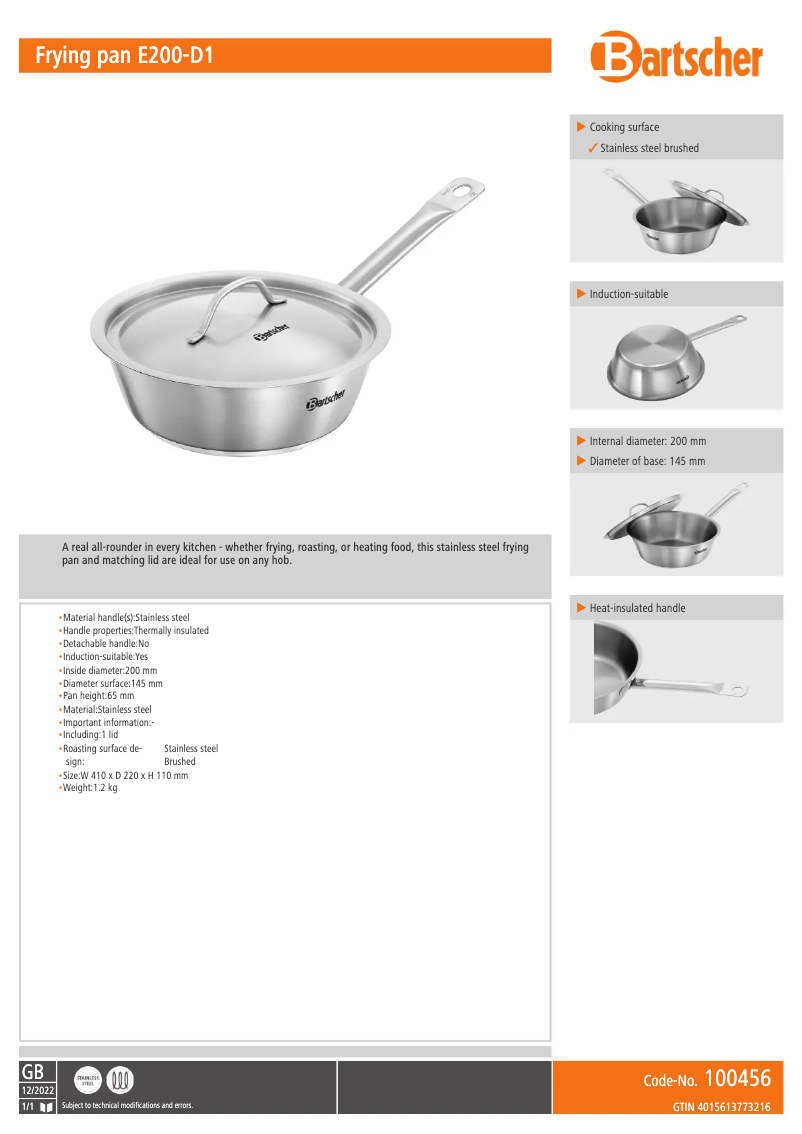 Página 1 del manual Ficha técnica Bartscher E200-D1