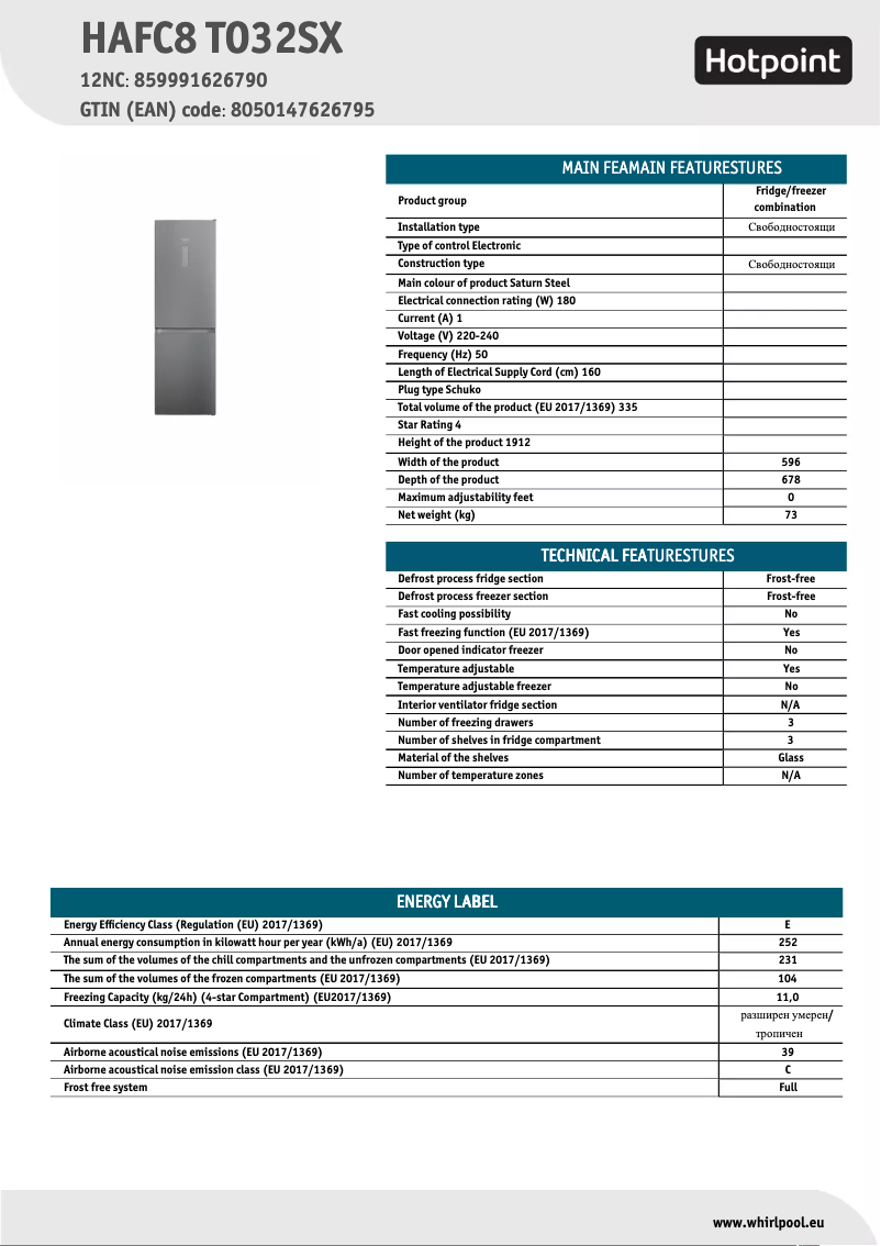 Página 1 del manual Ficha técnica Hotpoint HAFC8 TO32SX