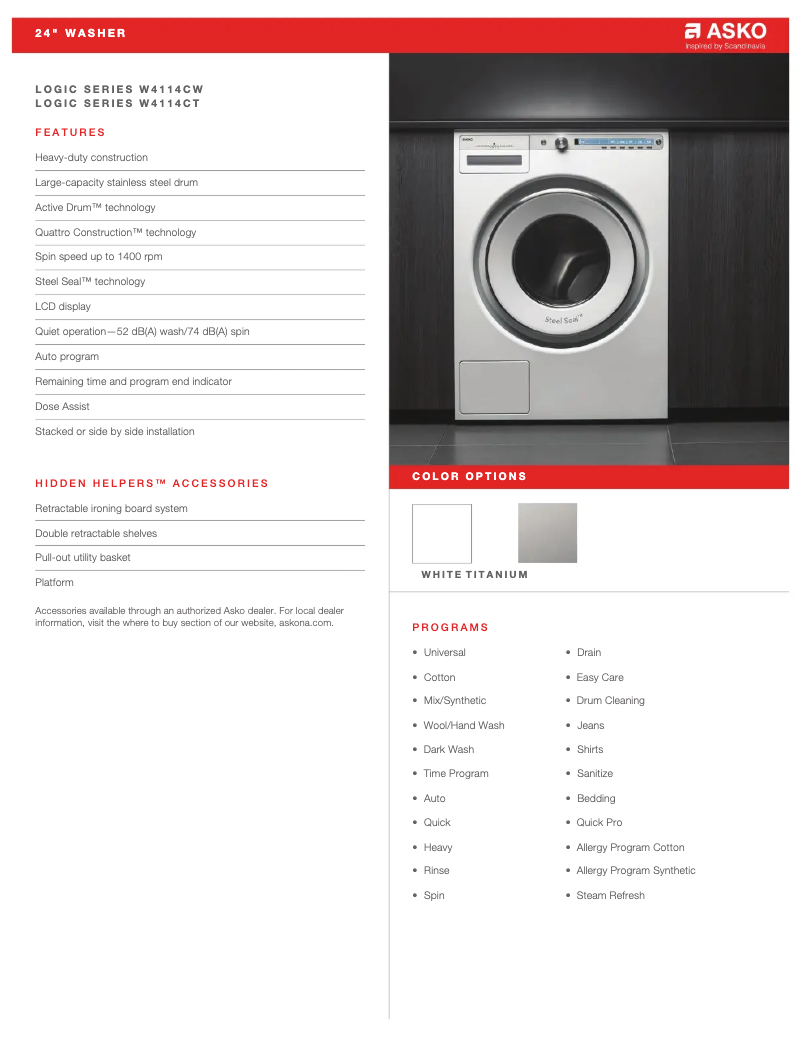 Página 1 del manual Ficha técnica Asko W4114CT