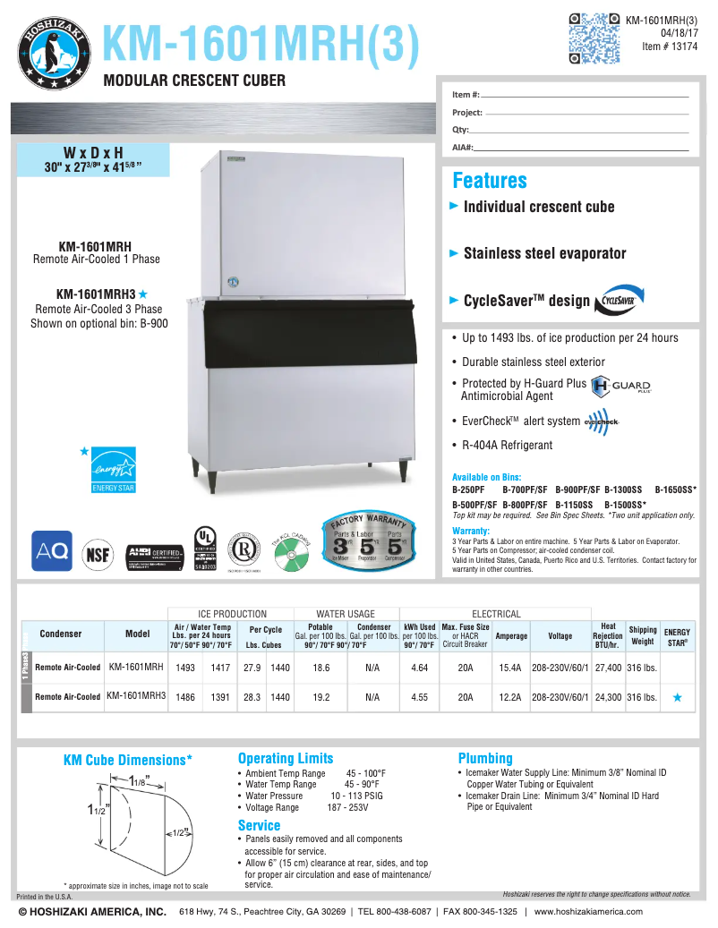 Página 1 del manual Ficha técnica Hoshizaki KM-1601MRH3