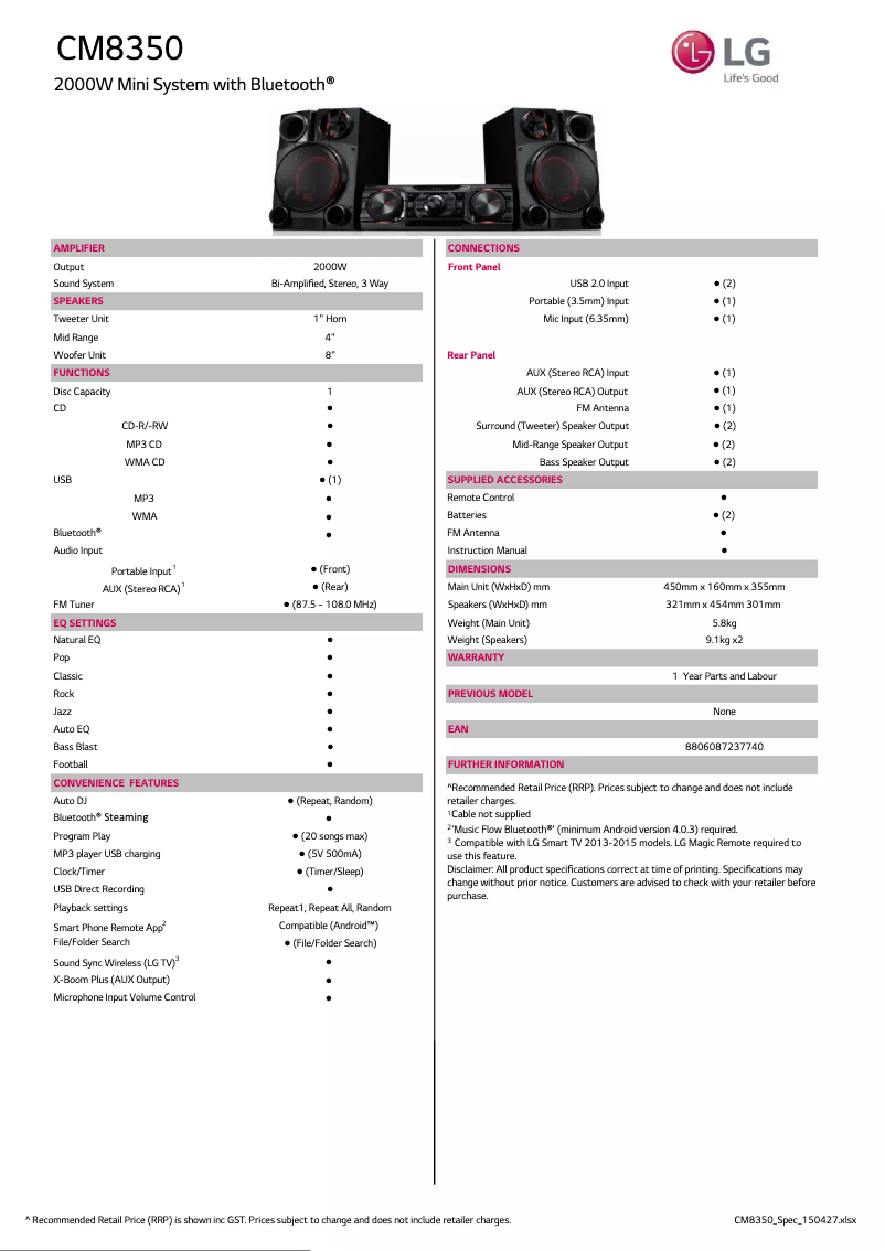 Página nº 1 - Ficha técnica LG X-Boom CM8350