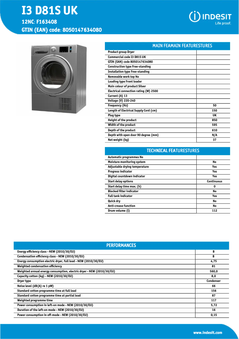 Página 1 del manual Ficha técnica Indesit I3 D81S UK