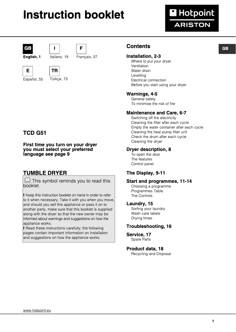 Página 1 del manual Manual de usuario Hotpoint Ariston TCD G51 AX (EU)